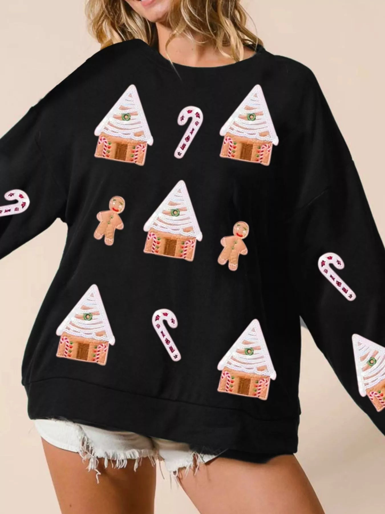 Christmas Gingerbread House Sequin Sweatshirt designed for comfort and style at Lookzlike