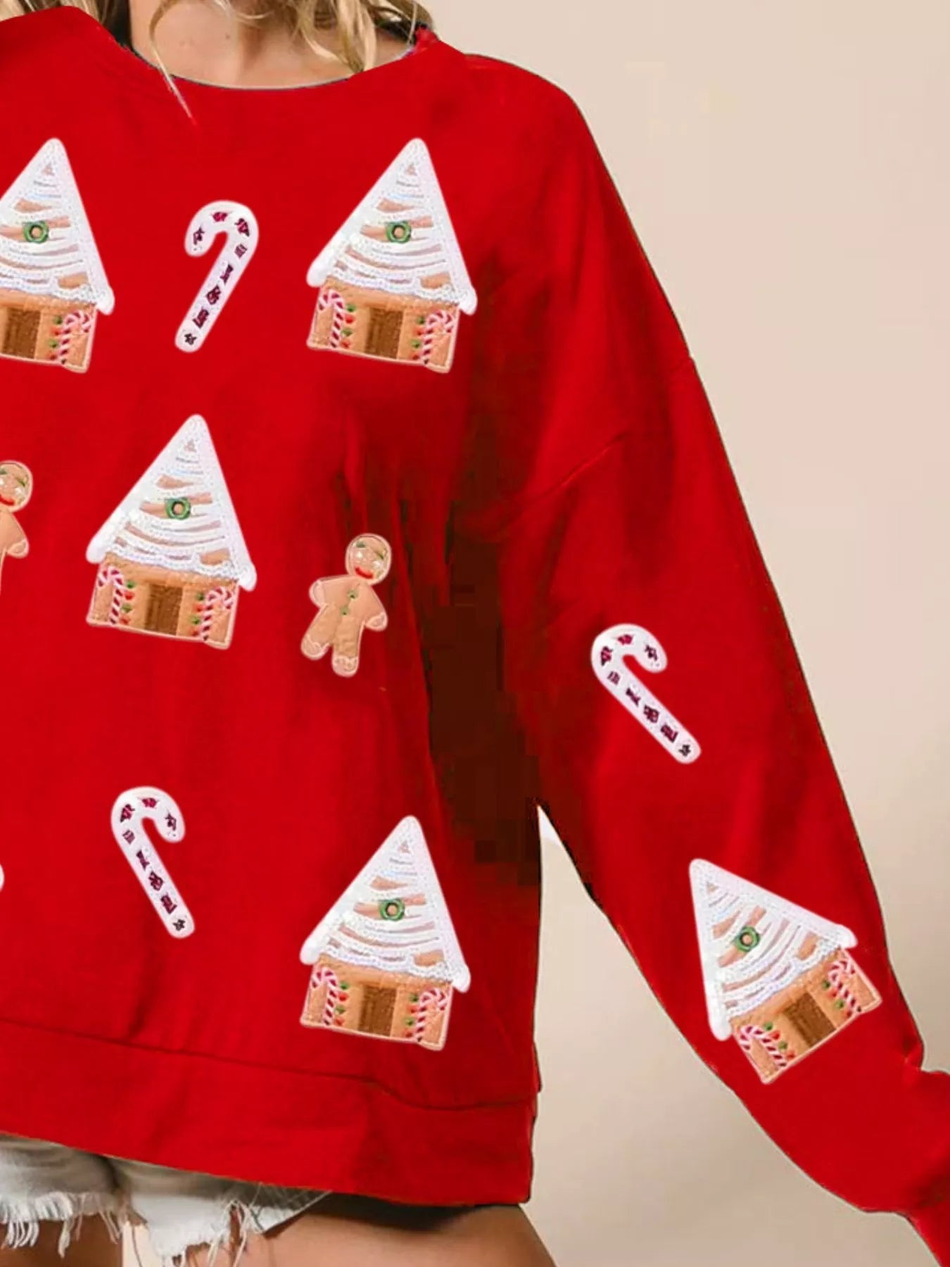 Christmas Gingerbread House Sequin Sweatshirt designed for comfort and style at Lookzlike