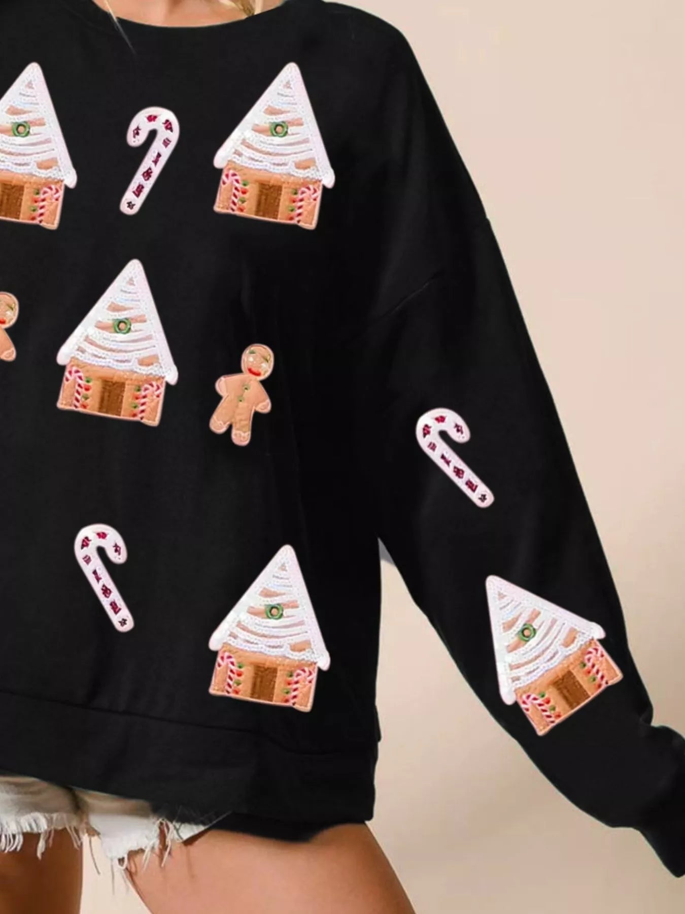 Christmas Gingerbread House Sequin Sweatshirt designed for comfort and style at Lookzlike