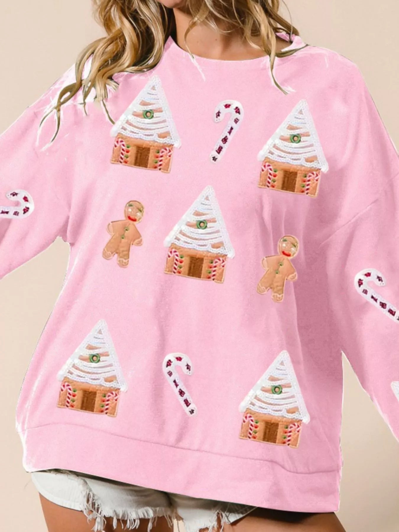 Christmas Gingerbread House Sequin Sweatshirt designed for comfort and style at Lookzlike