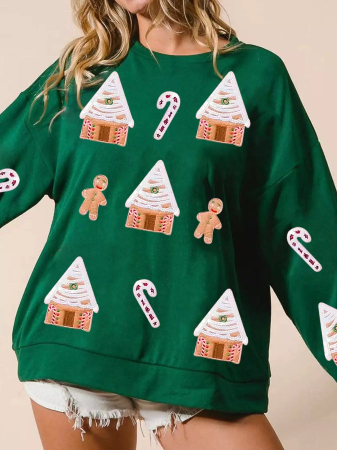 Christmas Gingerbread House Sequin Sweatshirt designed for comfort and style at Lookzlike