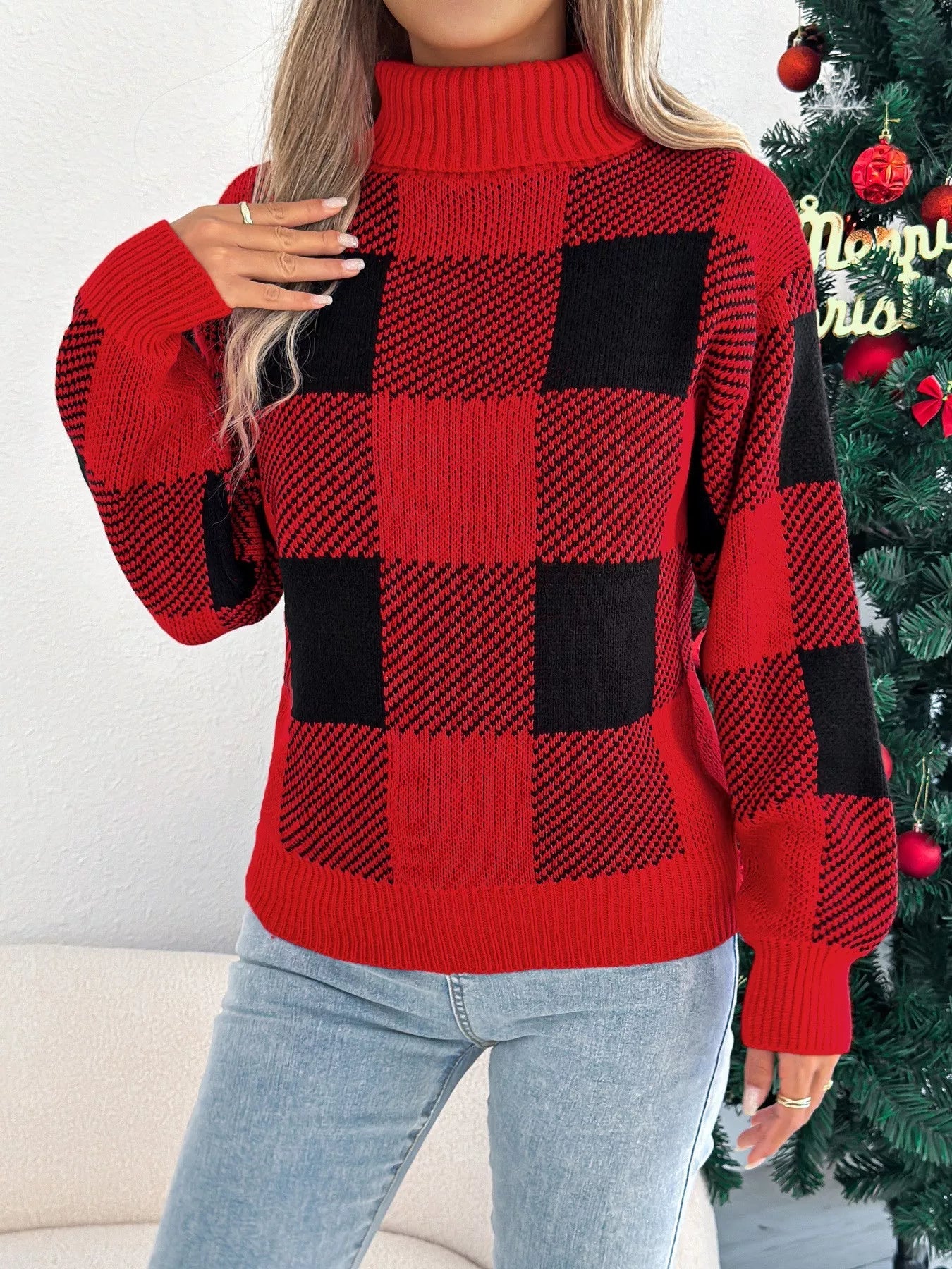 Christmas Plaid Long Sleeve Turtleneck Sweater designed for comfort and style at Lookzlike