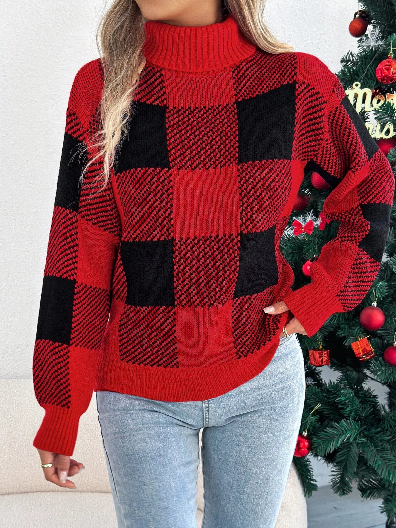 Christmas Plaid Long Sleeve Turtleneck Sweater designed for comfort and style at Lookzlike