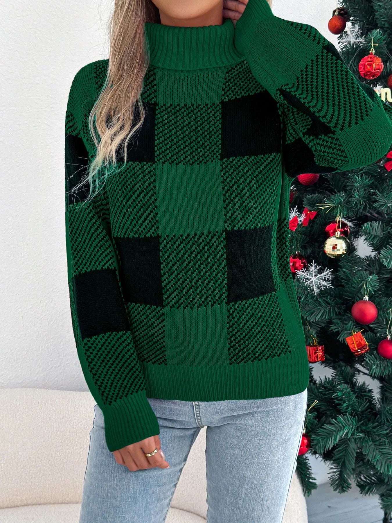 Christmas Plaid Long Sleeve Turtleneck Sweater designed for comfort and style at Lookzlike