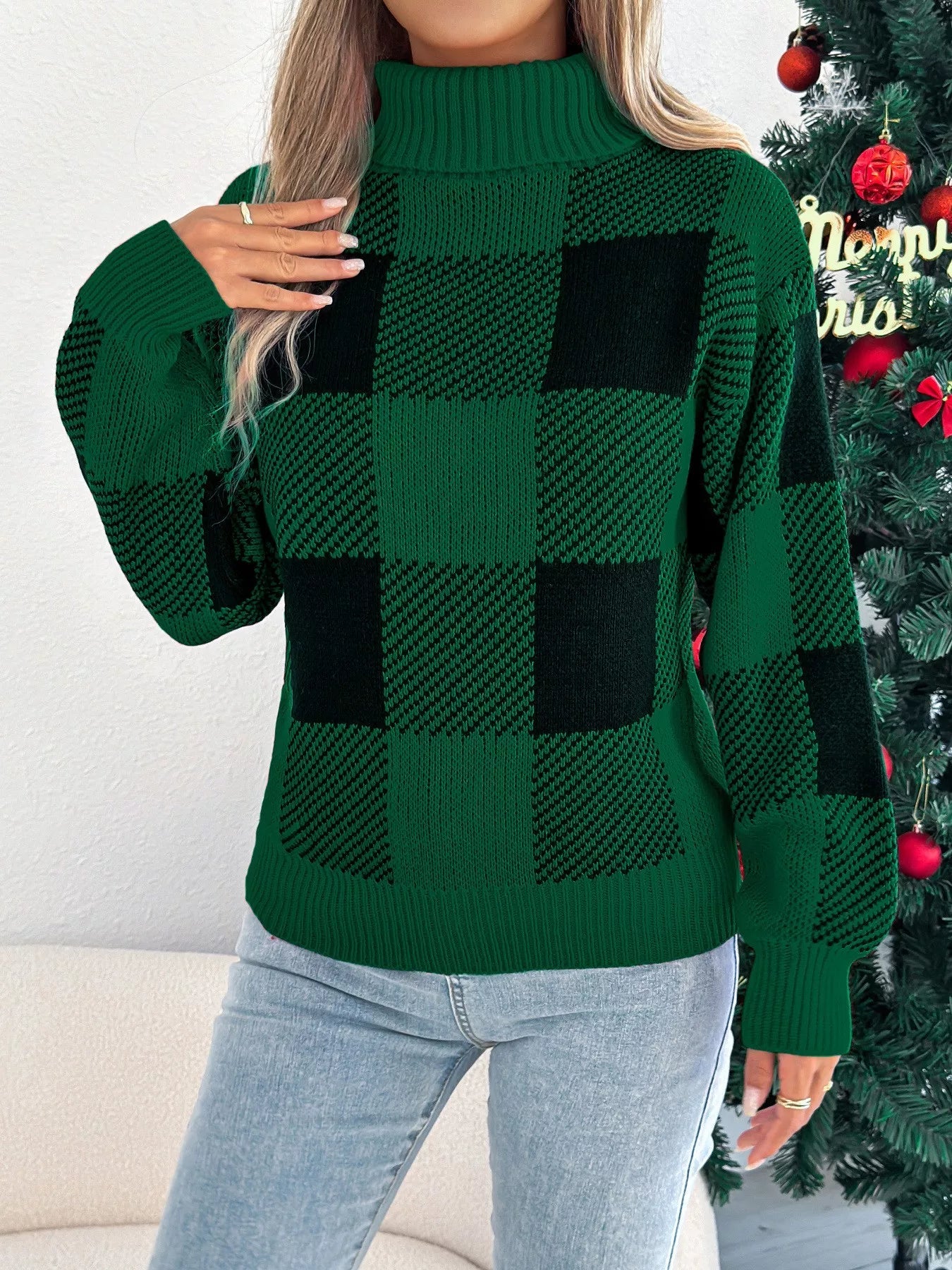 Christmas Plaid Long Sleeve Turtleneck Sweater designed for comfort and style at Lookzlike