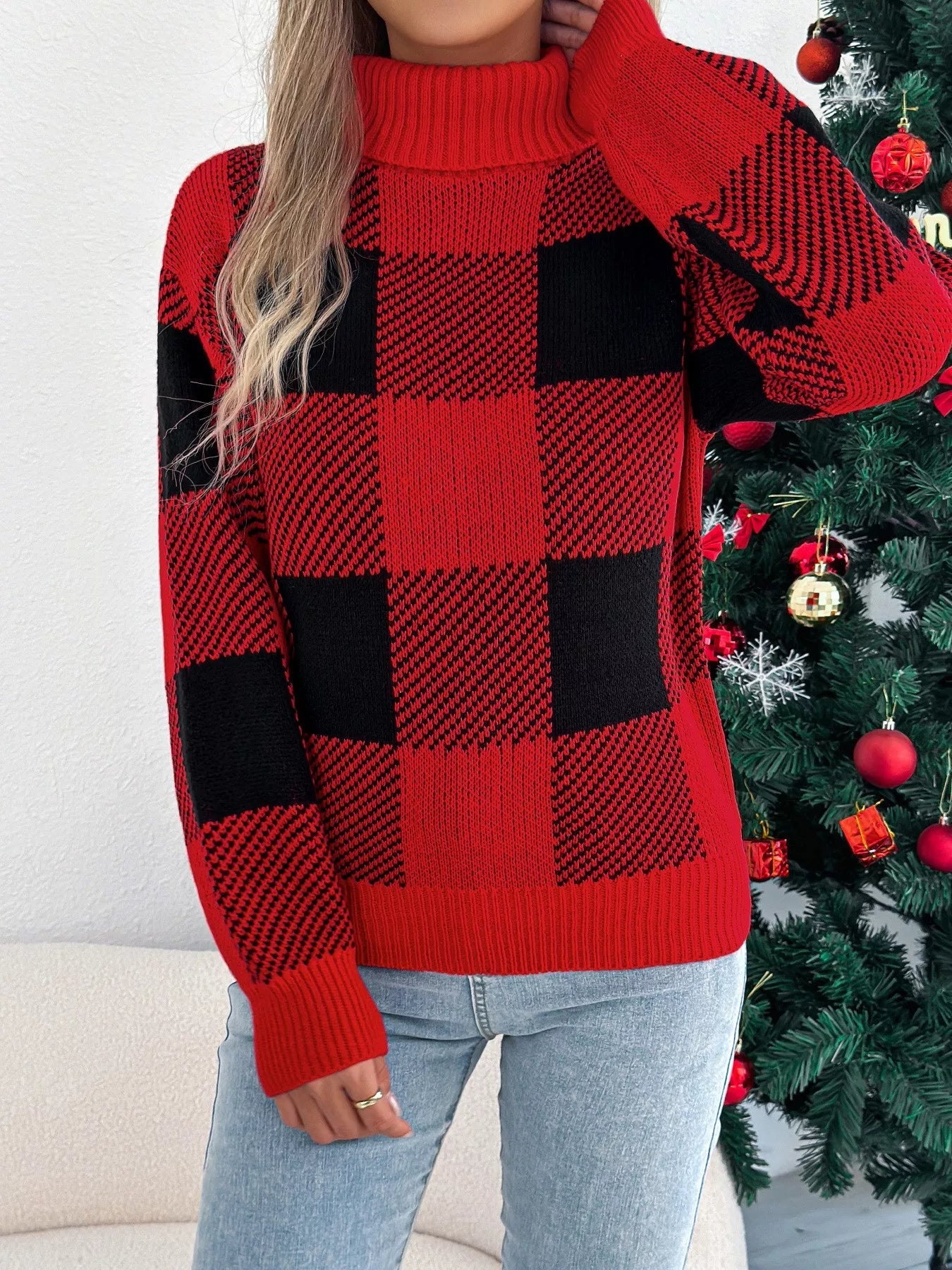 Christmas Plaid Long Sleeve Turtleneck Sweater designed for comfort and style at Lookzlike