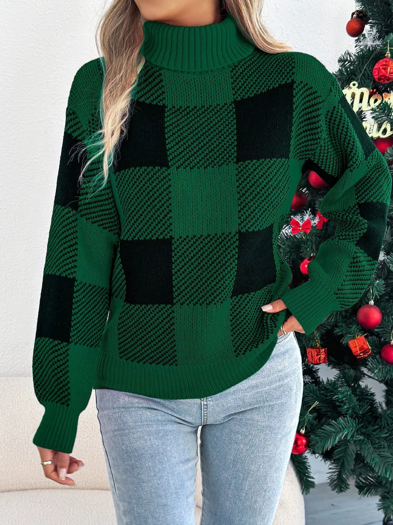 Christmas Plaid Long Sleeve Turtleneck Sweater designed for comfort and style at Lookzlike