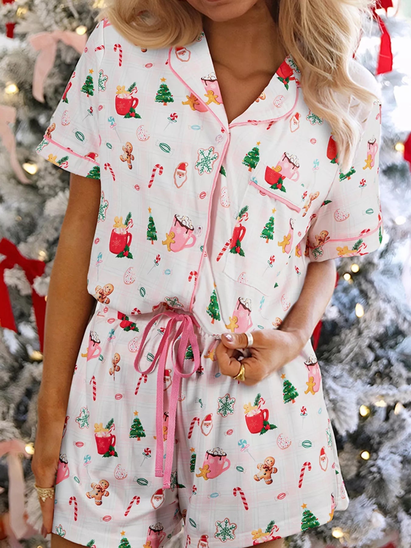 Christmas Print Button Up Top and Shorts Lounge Set designed for comfort and style at Lookzlike