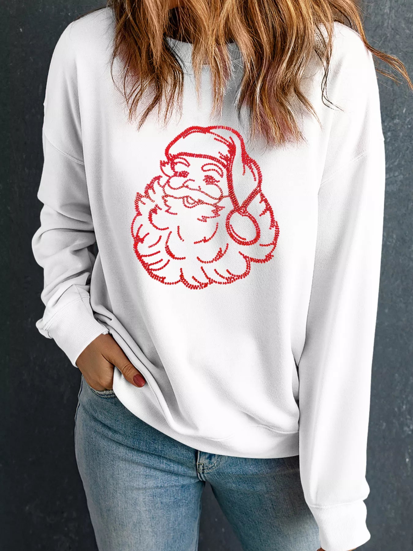 Christmas Santa Rhinestone Drop Shoulder Sweatshirt designed for comfort and style at Lookzlike