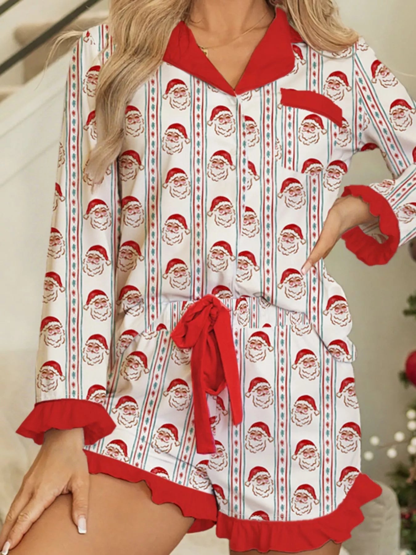Christmas Santa & Stripes Ruffle Top and Shorts Set designed for comfort and style at Lookzlike
