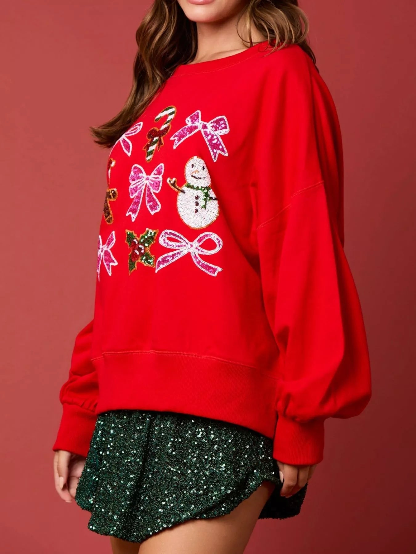Christmas Sequin Bow Round Neck Sweatshirt designed for comfort and style at Lookzlike