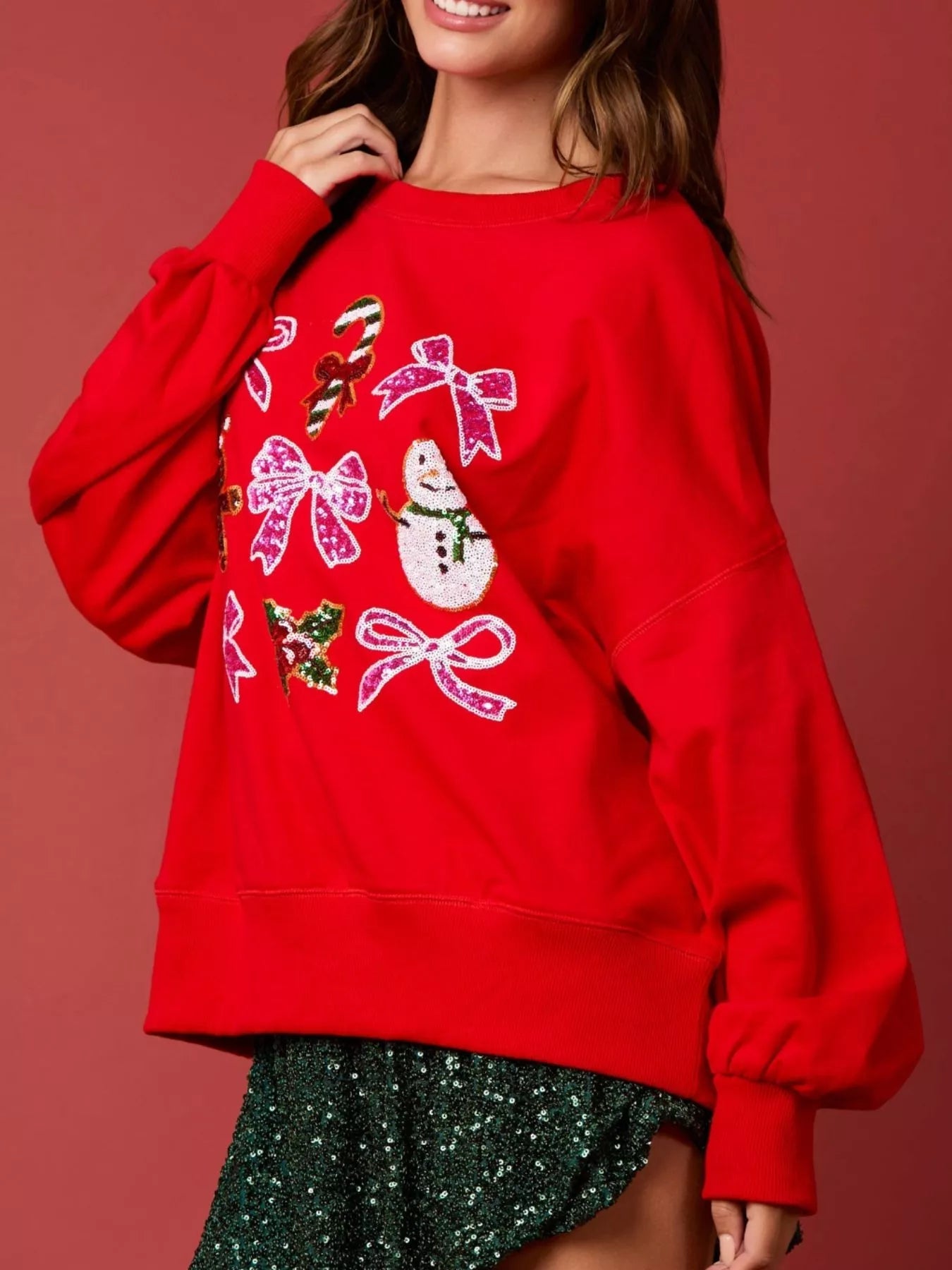 Christmas Sequin Bow Round Neck Sweatshirt designed for comfort and style at Lookzlike
