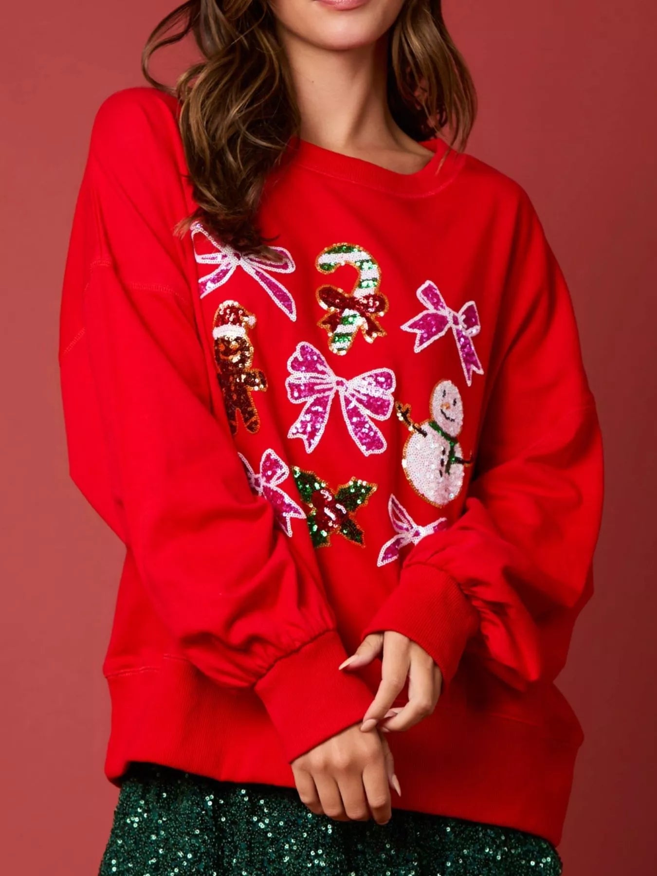 Christmas Sequin Bow Round Neck Sweatshirt designed for comfort and style at Lookzlike