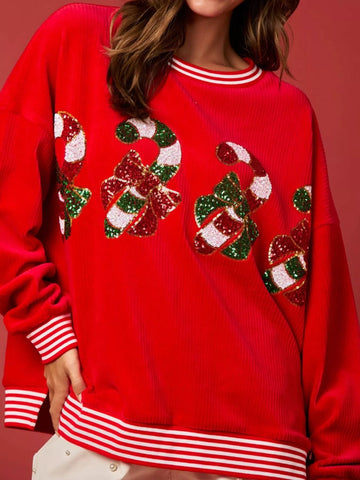 Christmas Sequin Candy Cane and Santa Sweatshirt with Striped Hem designed for comfort and style at Lookzlike