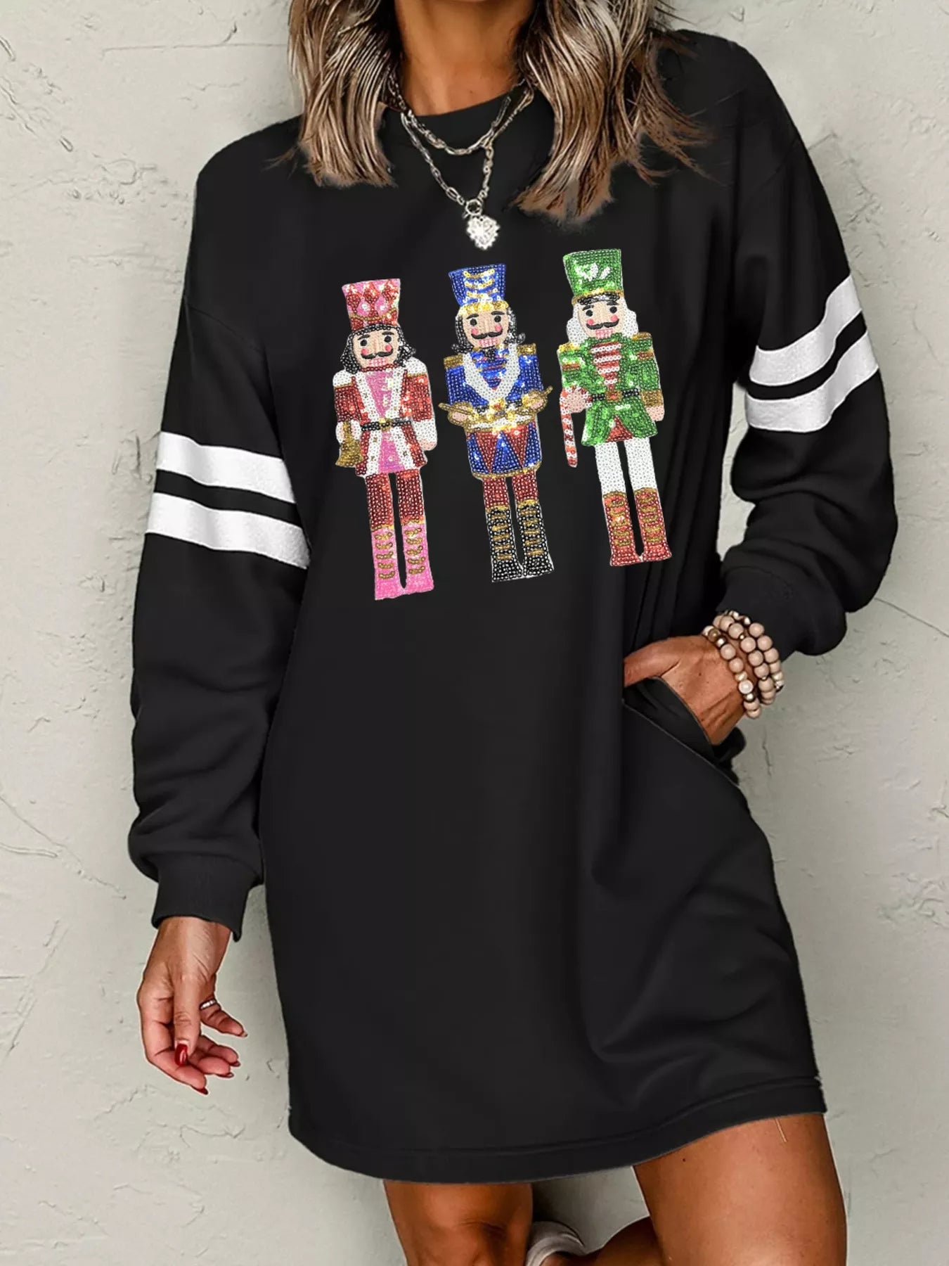 Christmas Sequin Nutcracker - man Graphic Varsity Striped Sleeve Sweatshirt Dress designed for comfort and style at Lookzlike