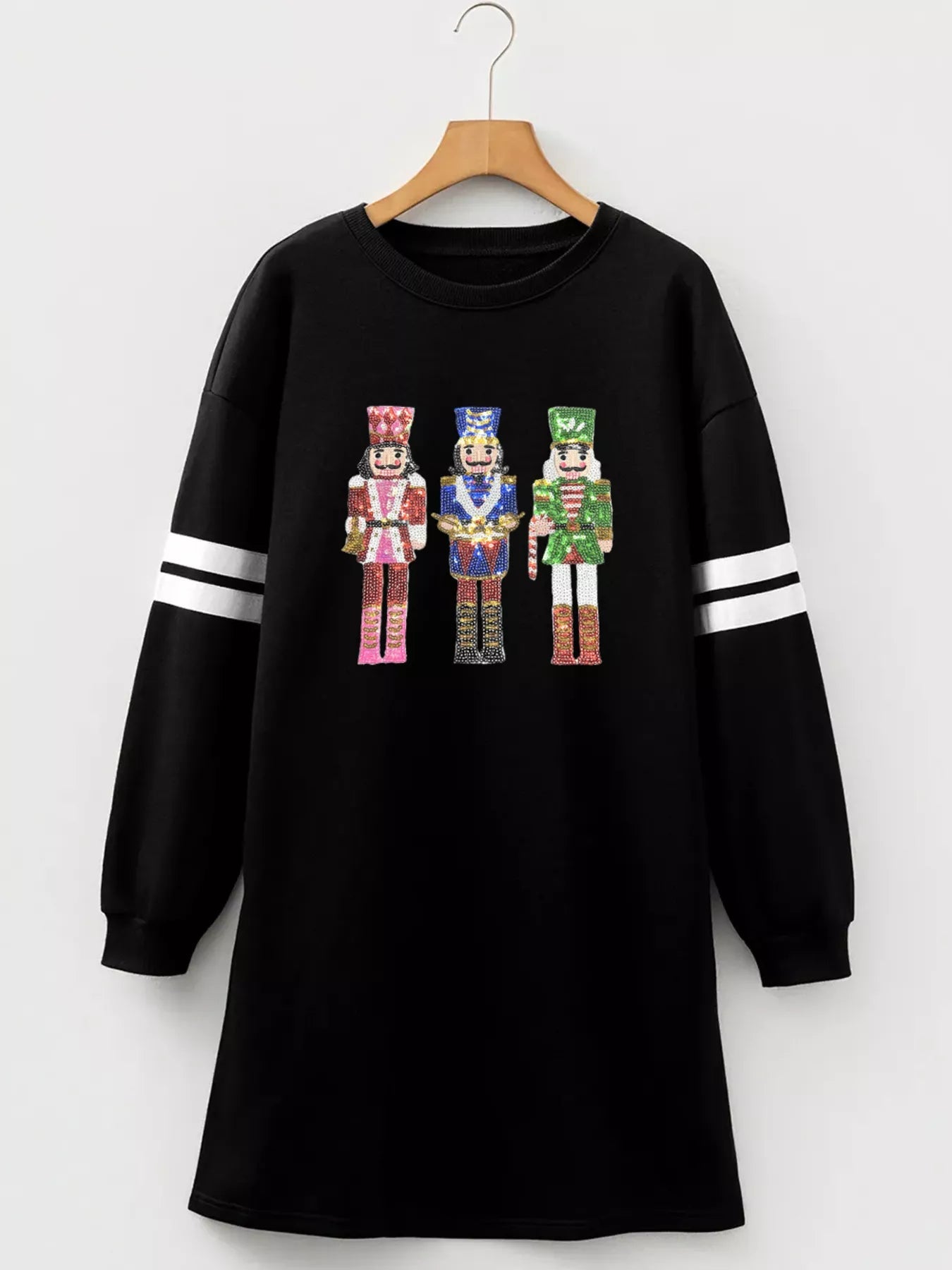 Christmas Sequin Nutcracker - man Graphic Varsity Striped Sleeve Sweatshirt Dress designed for comfort and style at Lookzlike