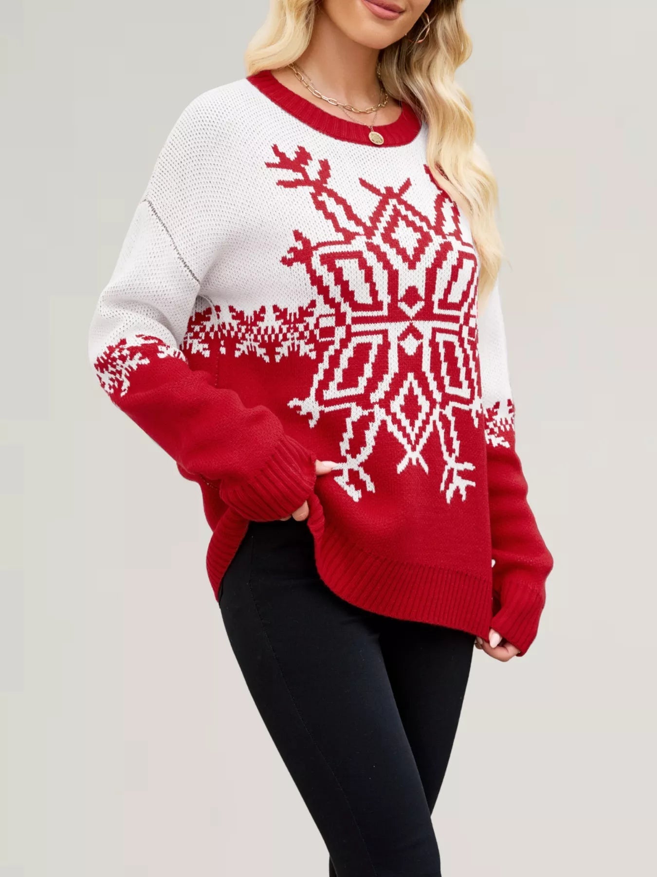 Christmas Snowflake Round Neck Sweater designed for comfort and style at Lookzlike