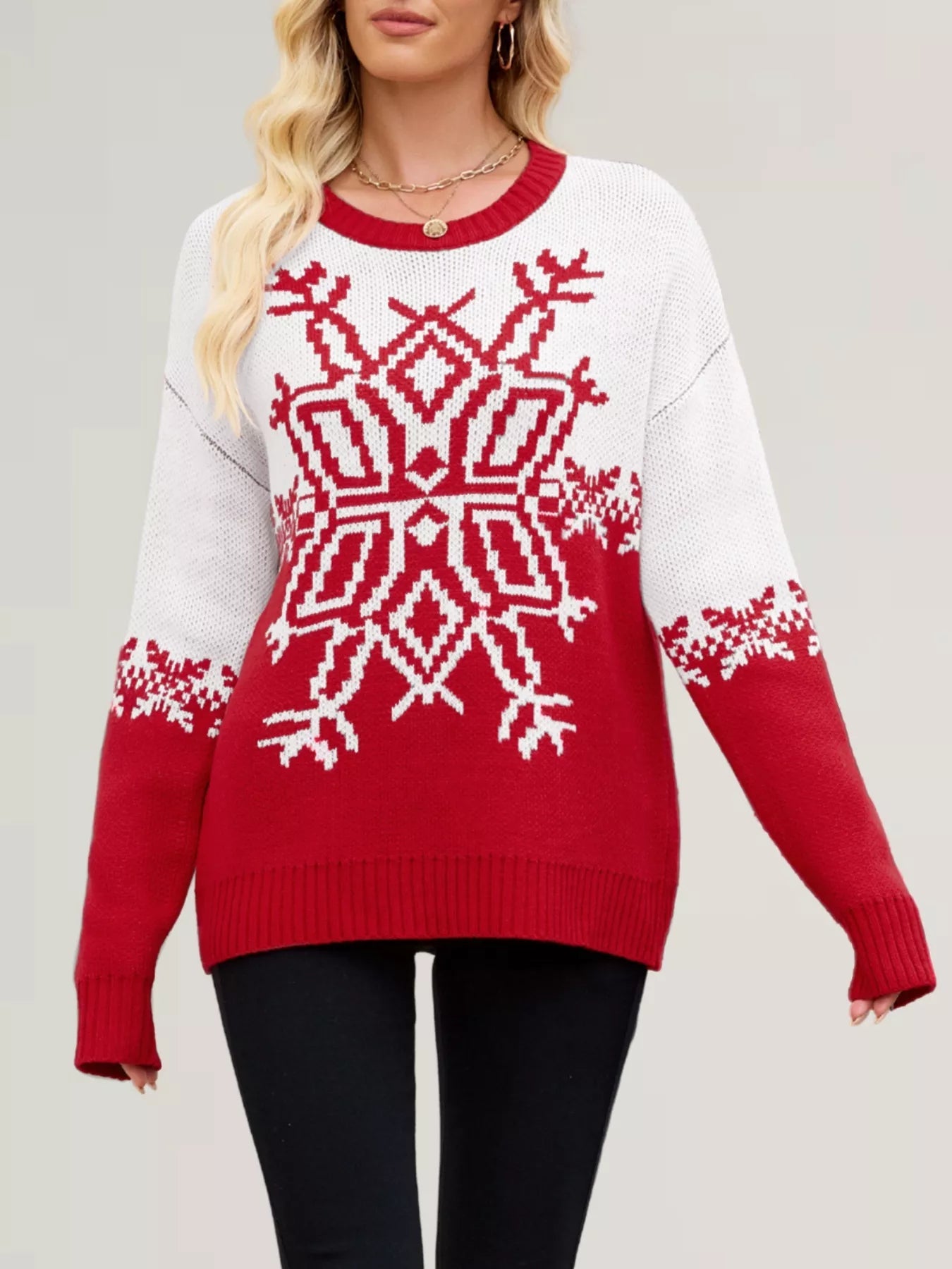 Christmas Snowflake Round Neck Sweater designed for comfort and style at Lookzlike