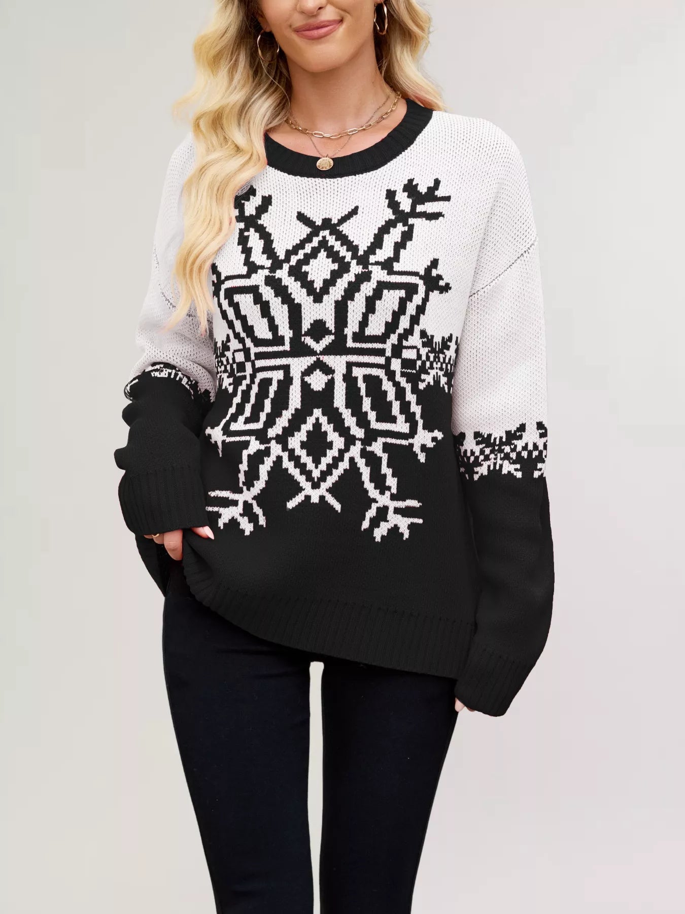 Christmas Snowflake Round Neck Sweater designed for comfort and style at Lookzlike