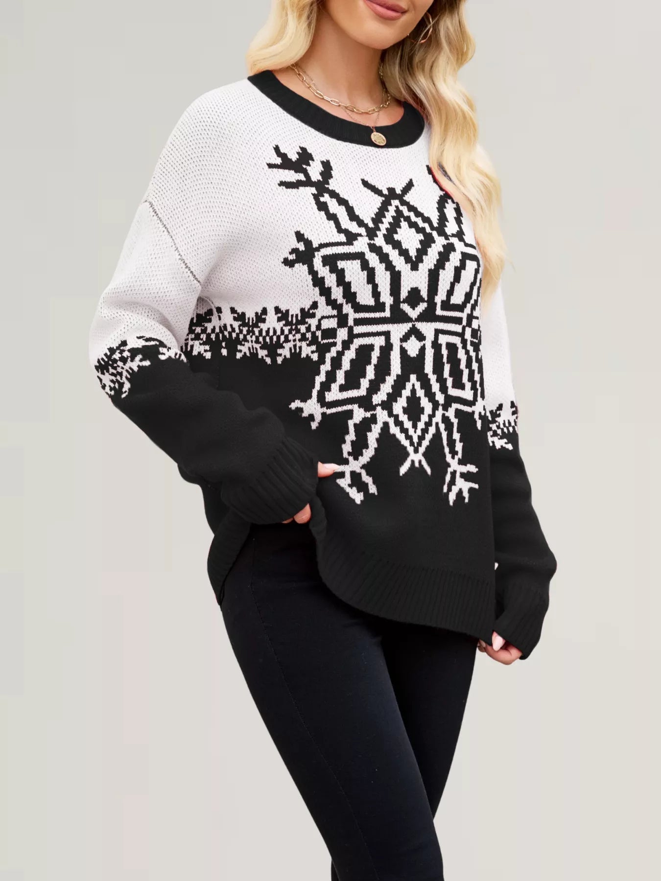 Christmas Snowflake Round Neck Sweater designed for comfort and style at Lookzlike
