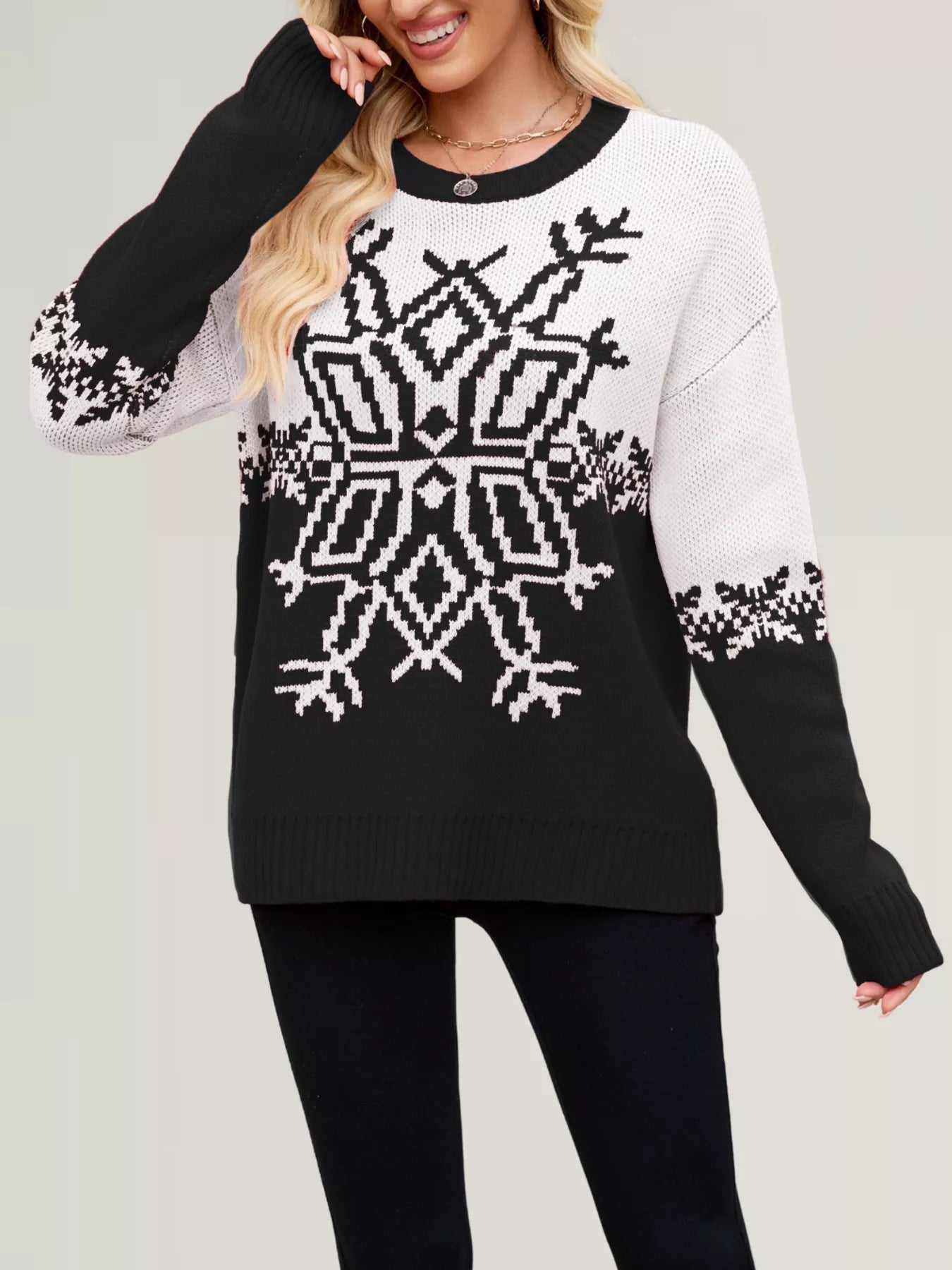 Christmas Snowflake Round Neck Sweater designed for comfort and style at Lookzlike