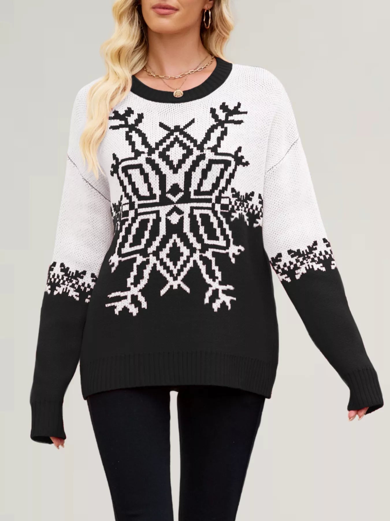 Christmas Snowflake Round Neck Sweater designed for comfort and style at Lookzlike
