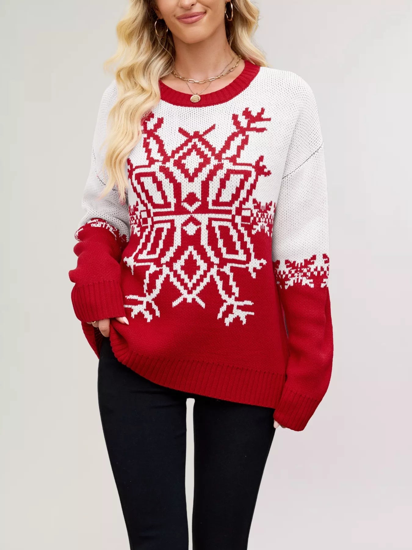 Christmas Snowflake Round Neck Sweater designed for comfort and style at Lookzlike