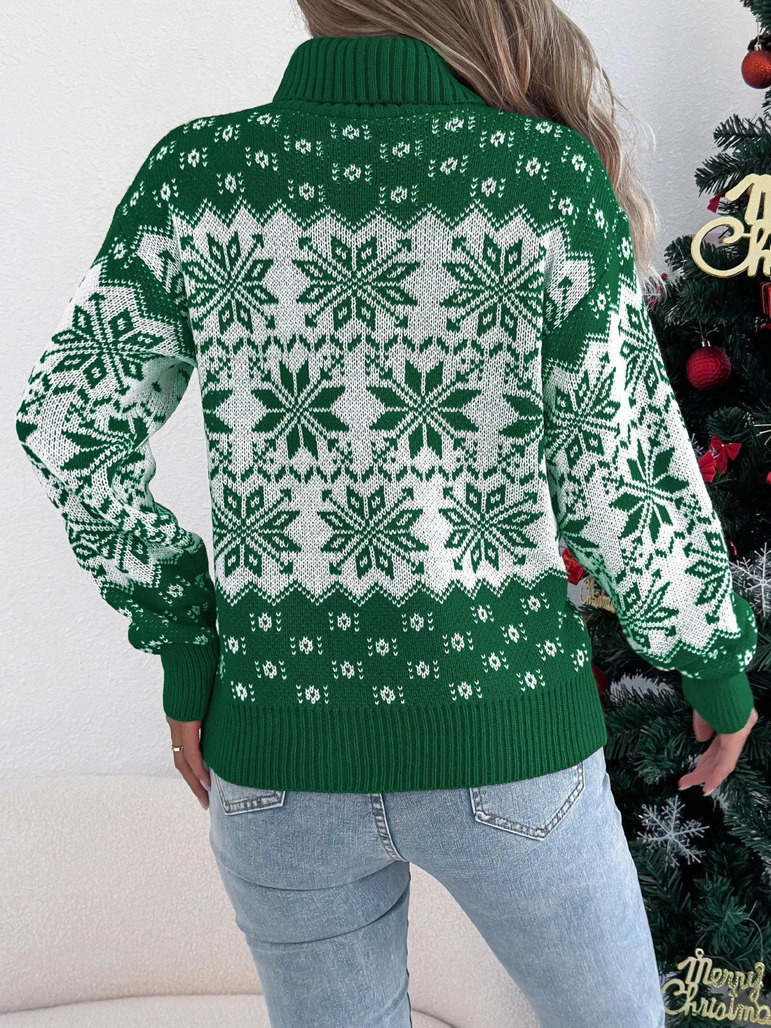 Christmas Snowflake Turtleneck Long Sleeve Sweater designed for comfort and style at Lookzlike