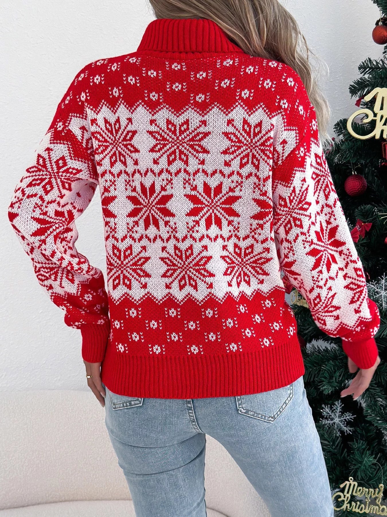 Christmas Snowflake Turtleneck Long Sleeve Sweater designed for comfort and style at Lookzlike