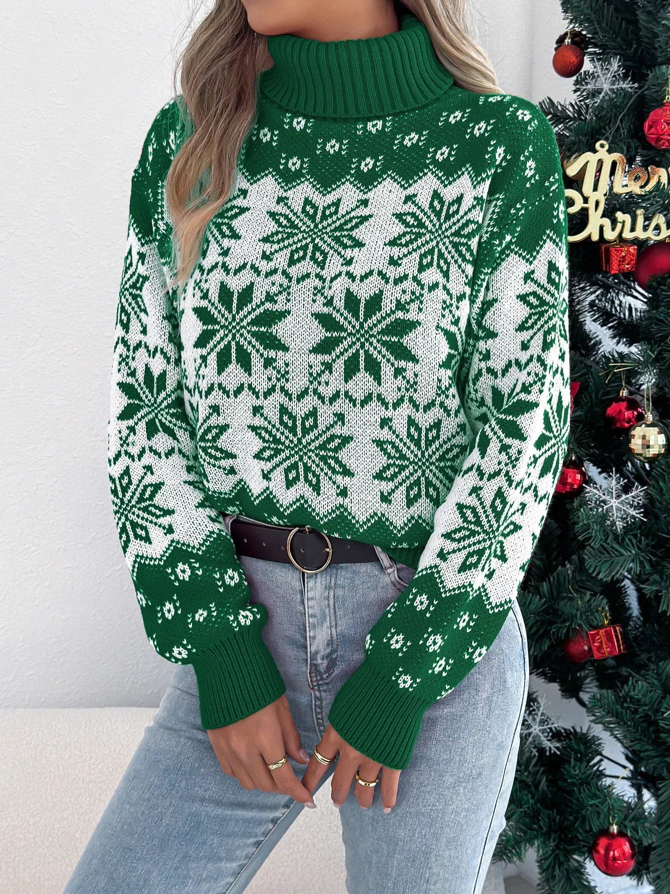 Christmas Snowflake Turtleneck Long Sleeve Sweater designed for comfort and style at Lookzlike