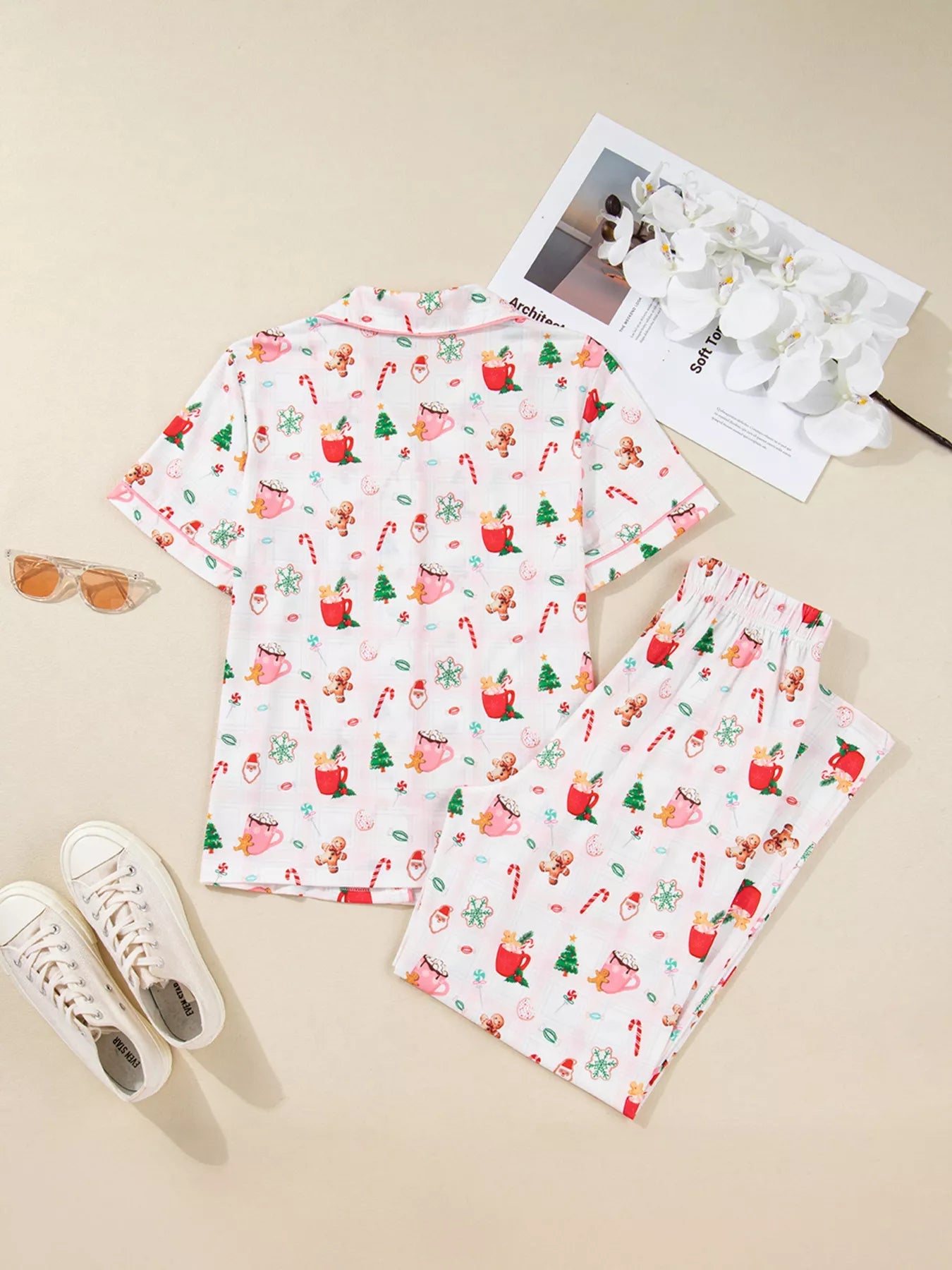 Christmas Spirit Cute Holiday Print Short Sleeve Shirt and Pants 2pcs Pajama Set designed for comfort and style at Lookzlike