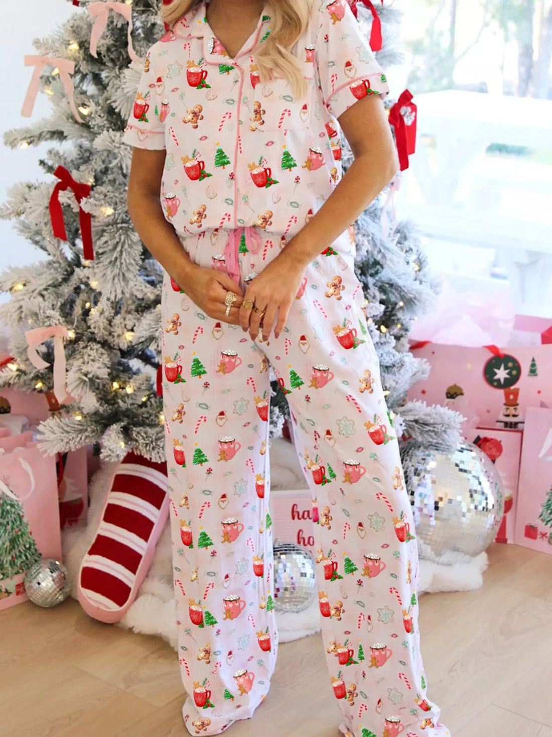 Christmas Spirit Cute Holiday Print Short Sleeve Shirt and Pants 2pcs Pajama Set designed for comfort and style at Lookzlike