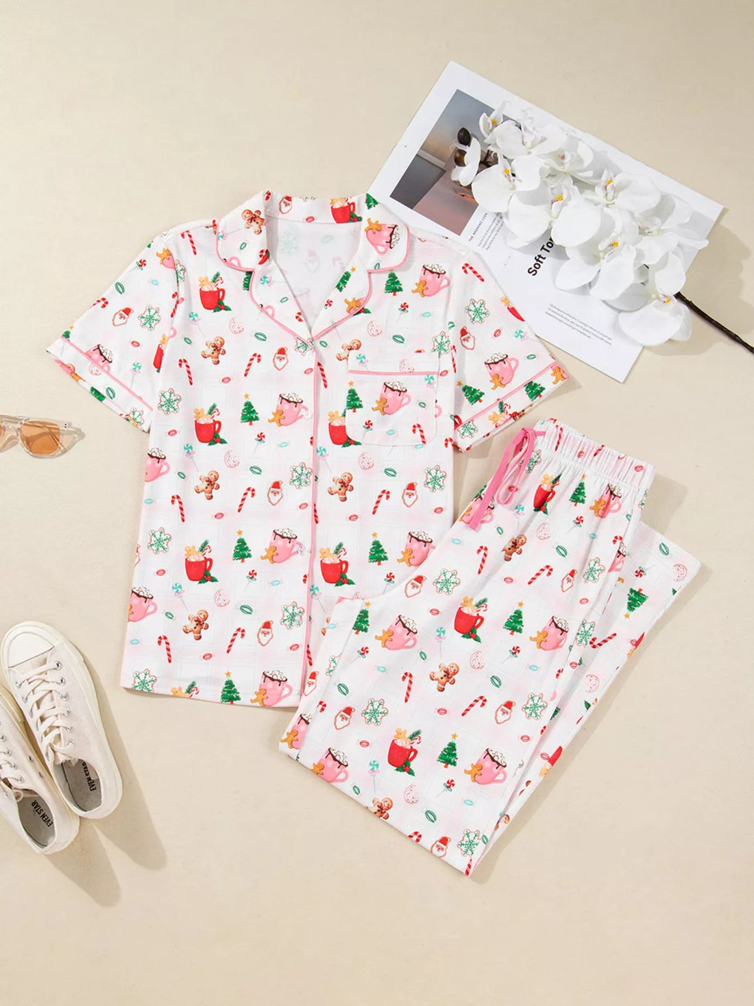 Christmas Spirit Cute Holiday Print Short Sleeve Shirt and Pants 2pcs Pajama Set designed for comfort and style at Lookzlike