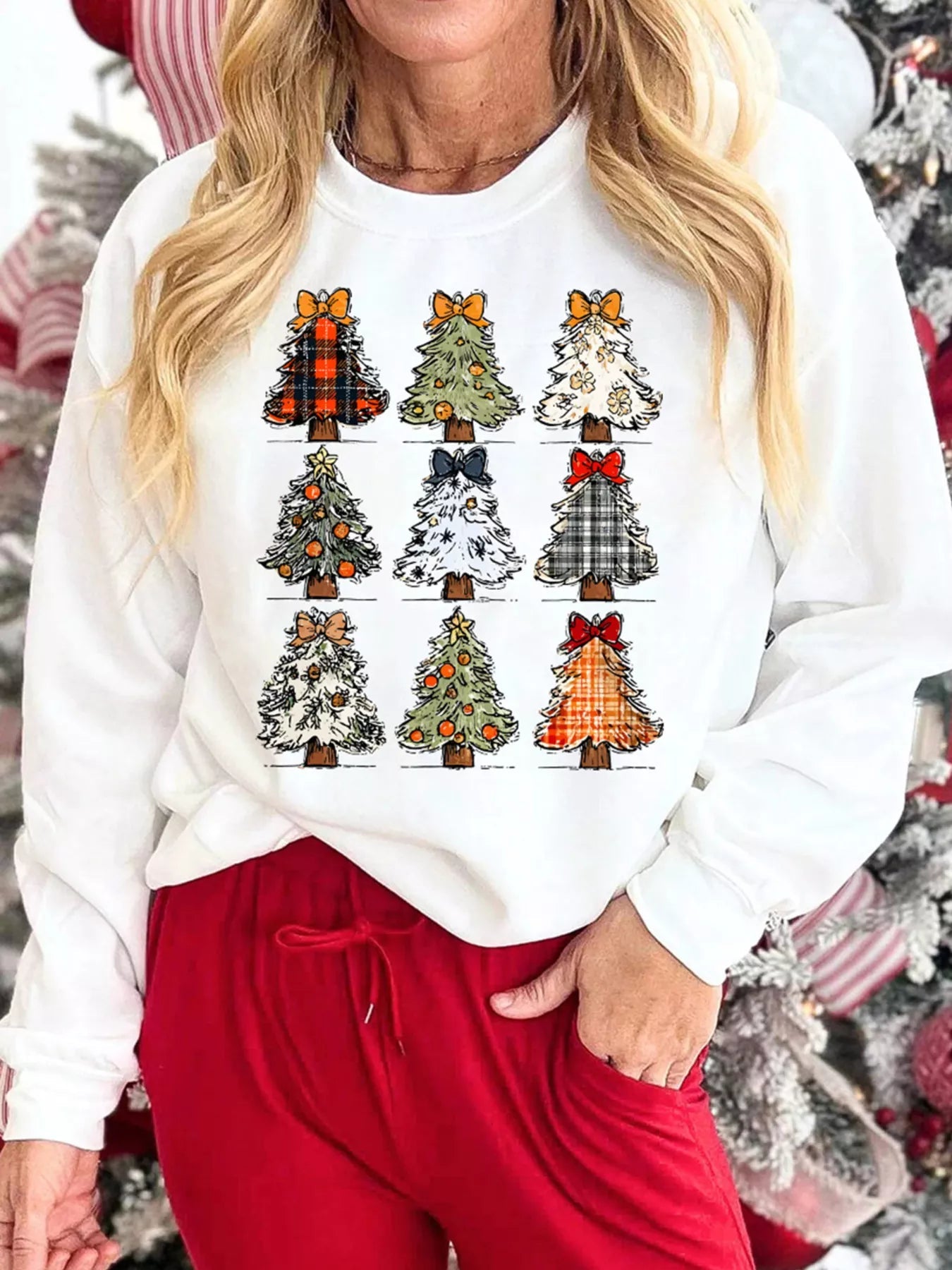 Christmas Tree Graphic Round Neck Sweatshirt designed for comfort and style at Lookzlike