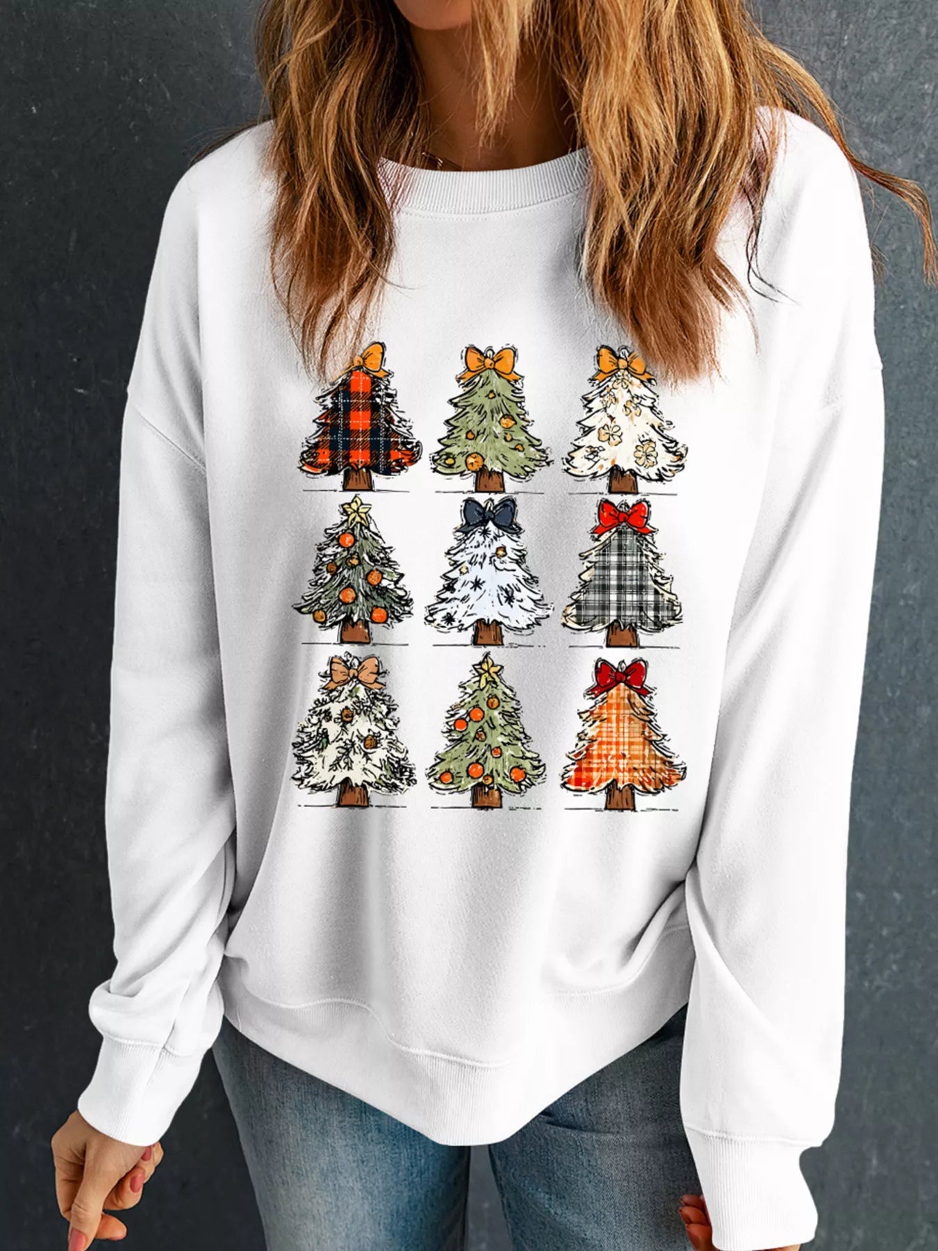 Christmas Tree Graphic Round Neck Sweatshirt designed for comfort and style at Lookzlike