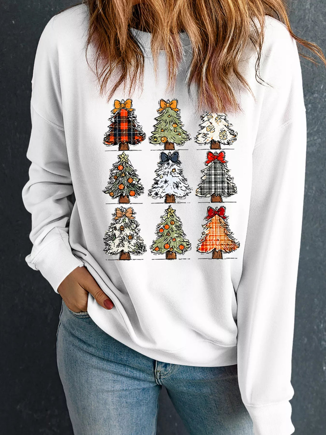 Christmas Tree Graphic Round Neck Sweatshirt designed for comfort and style at Lookzlike
