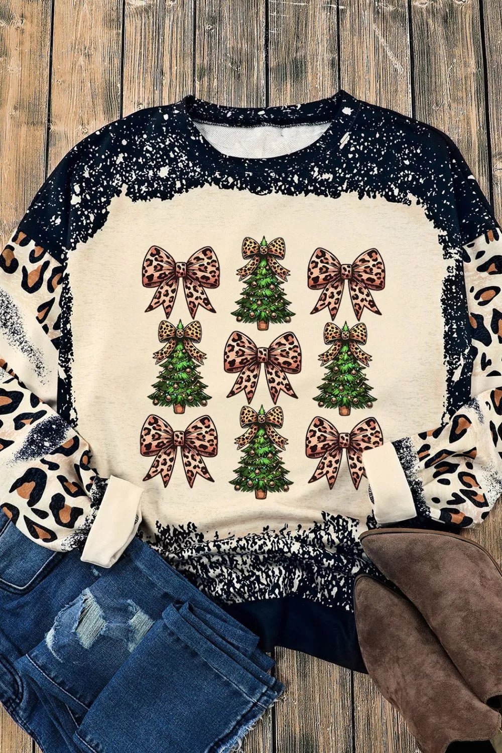 Christmas Tree & Leopard Bow Round Neck Sweatshirt designed for comfort and style at Lookzlike