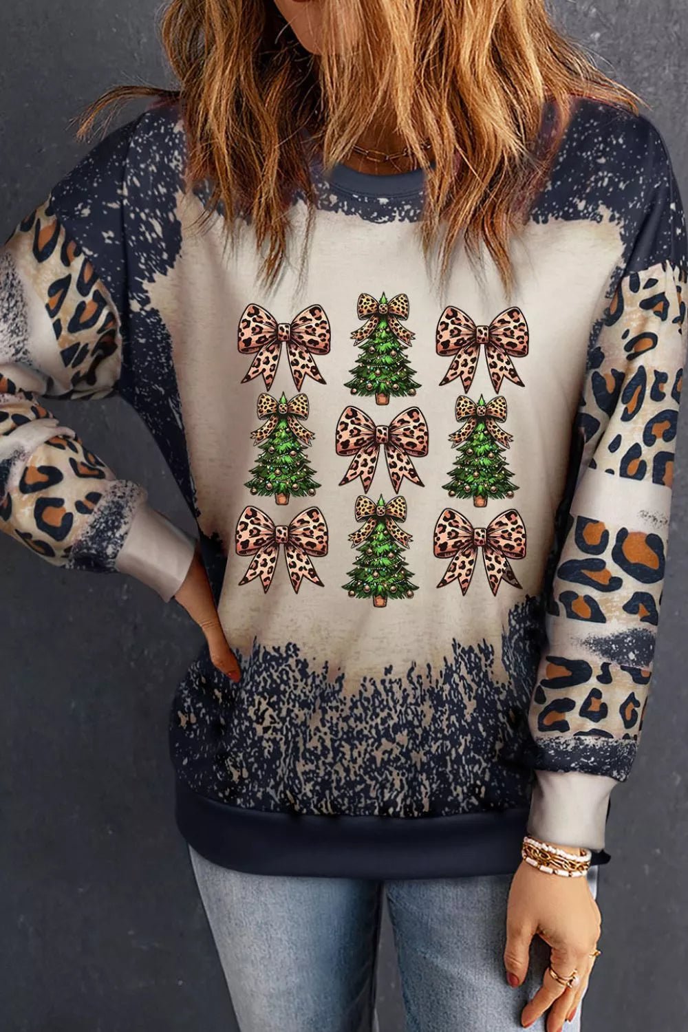 Christmas Tree & Leopard Bow Round Neck Sweatshirt designed for comfort and style at Lookzlike