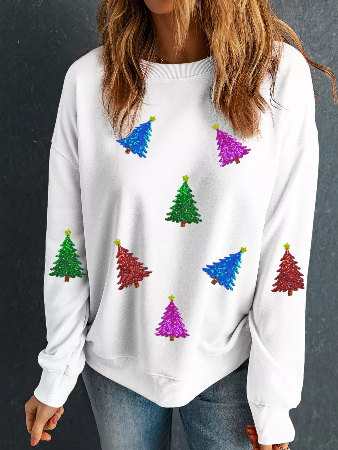 Christmas Tree Patched Patterned Festive Sweatshirt designed for comfort and style at Lookzlike