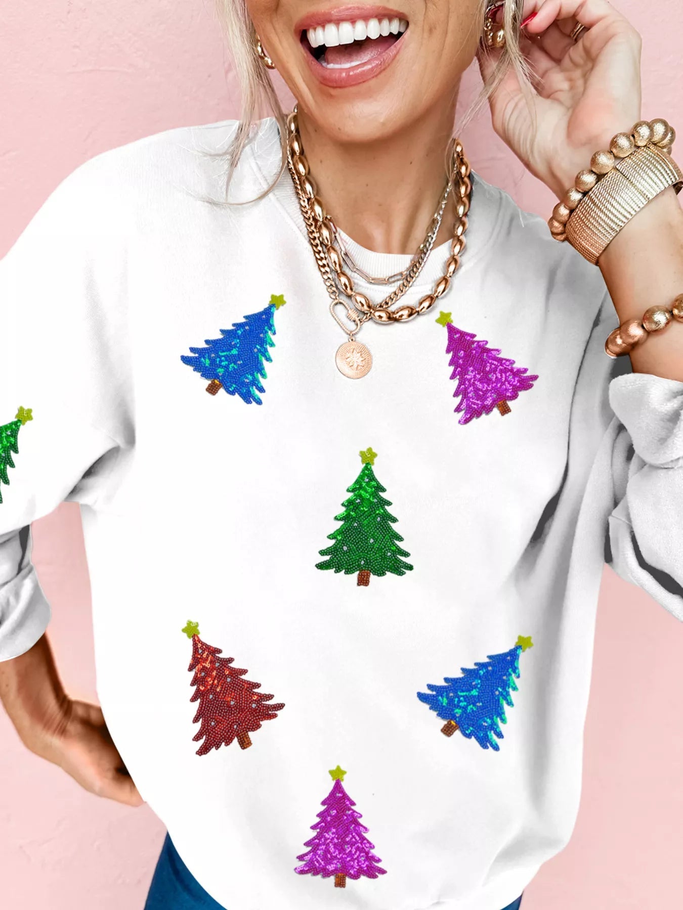 Christmas Tree Patched Patterned Festive Sweatshirt designed for comfort and style at Lookzlike