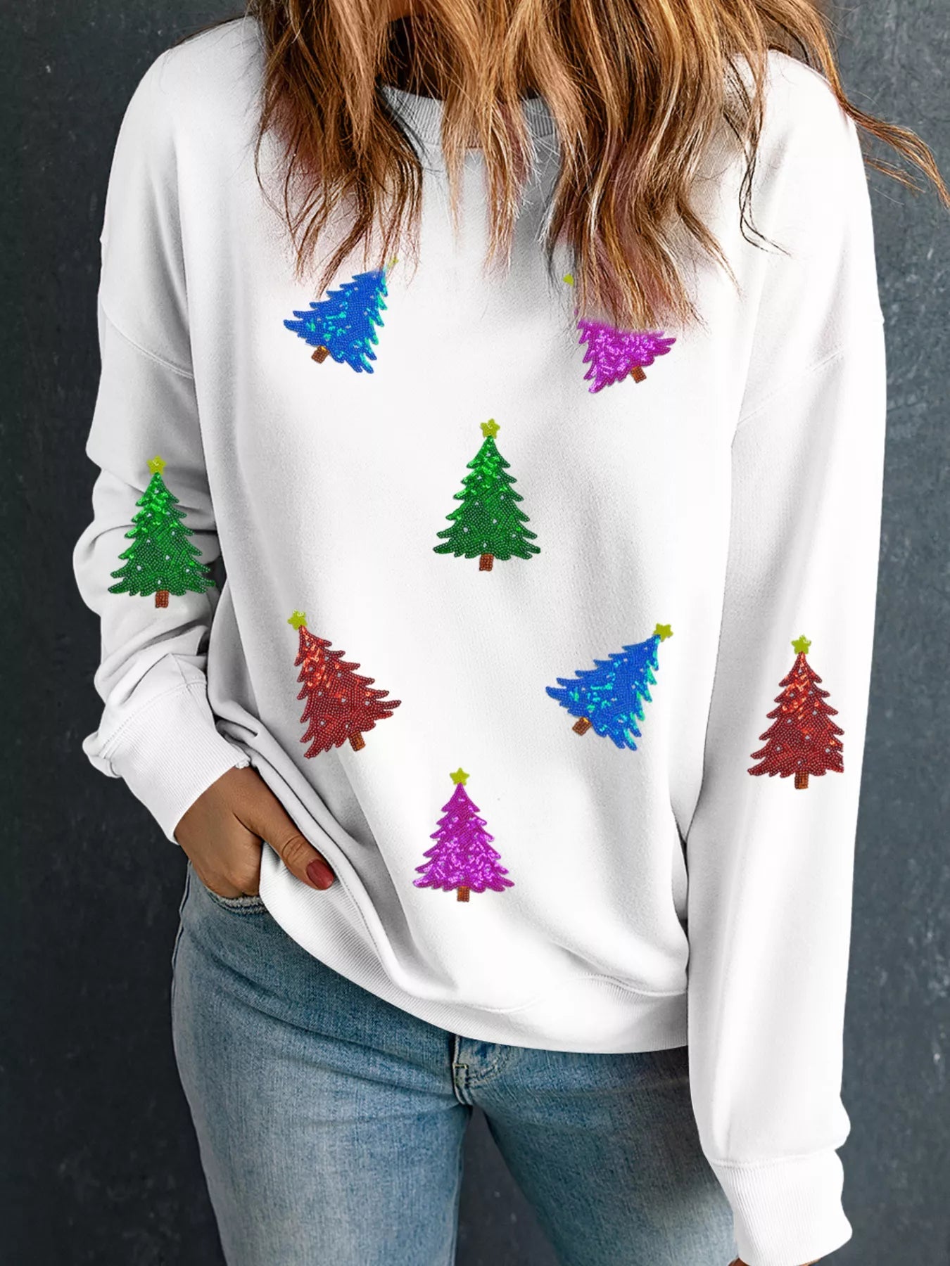 Christmas Tree Patched Patterned Festive Sweatshirt designed for comfort and style at Lookzlike