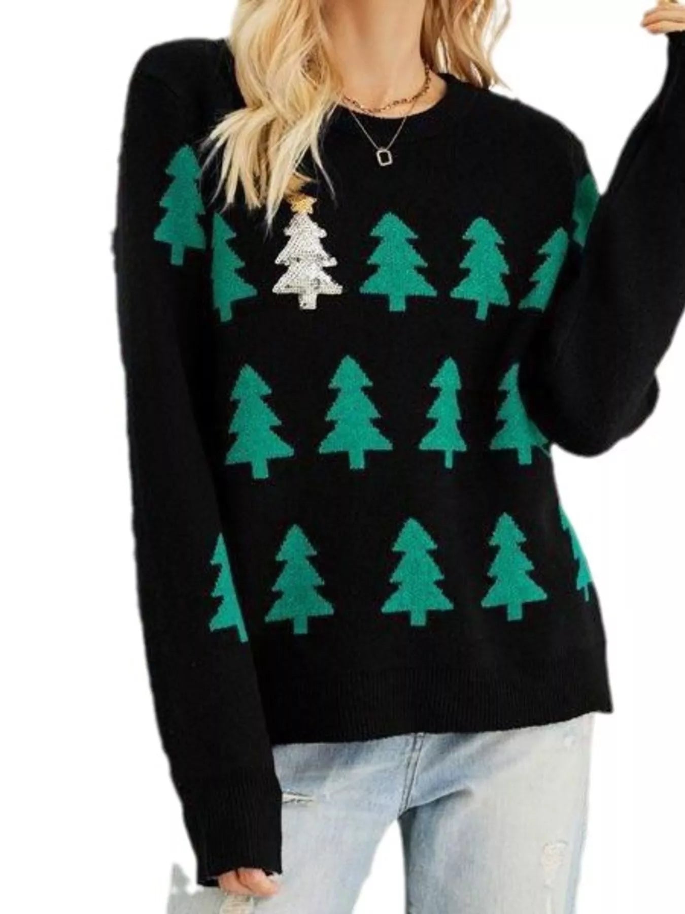 Christmas Tree Pattern Long Sleeve Sweater designed for comfort and style at Lookzlike