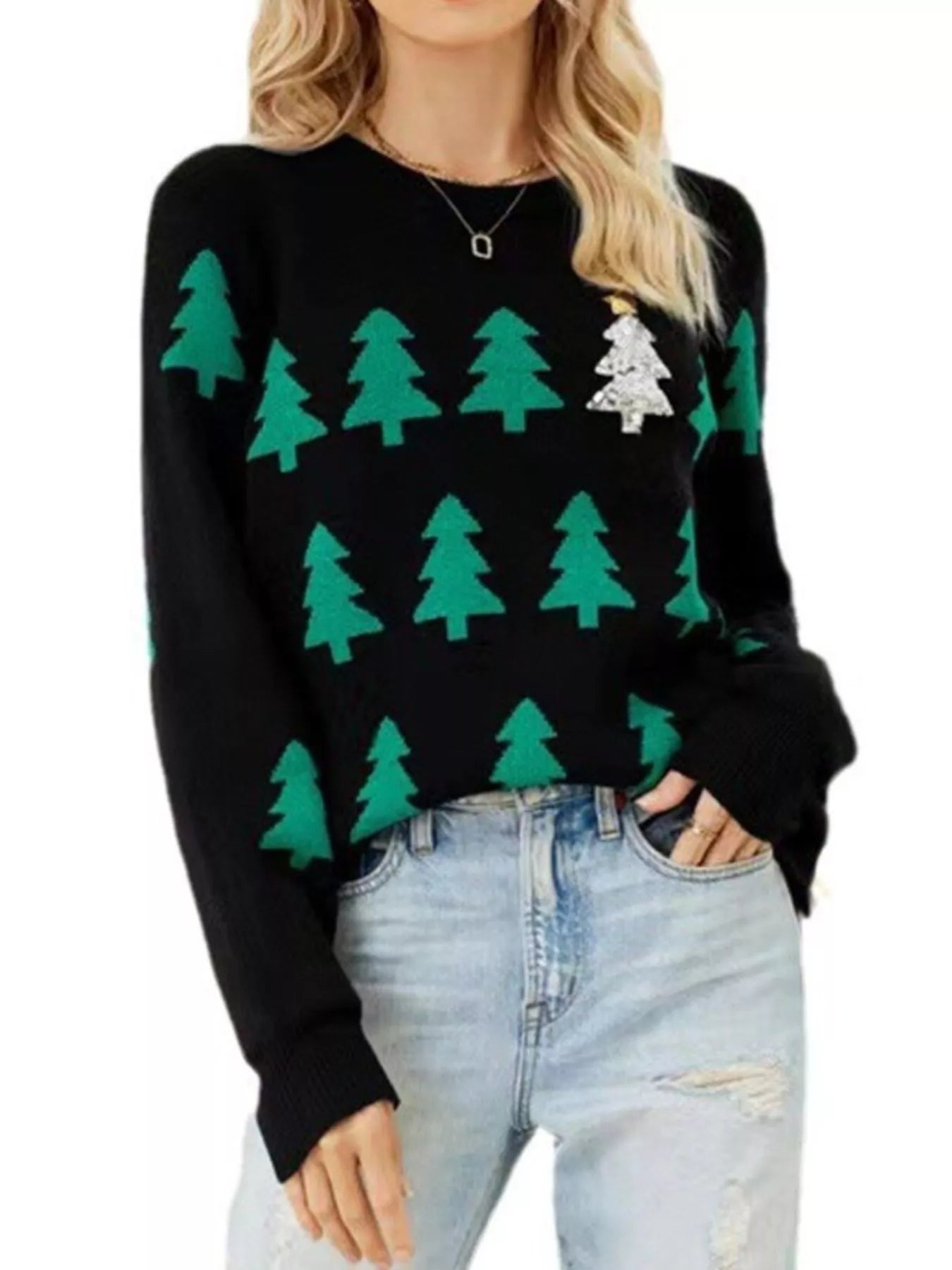 Christmas Tree Pattern Long Sleeve Sweater designed for comfort and style at Lookzlike