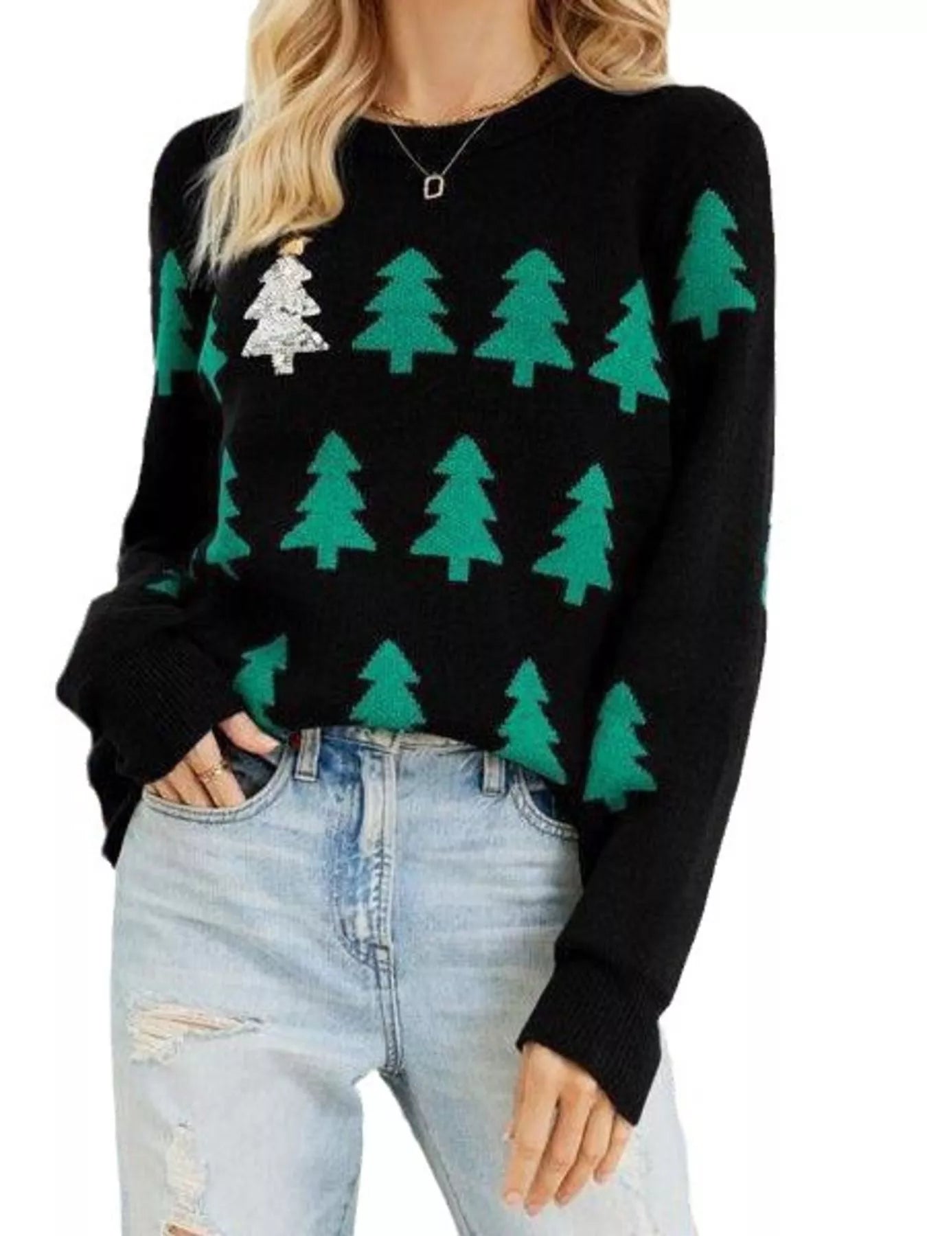 Christmas Tree Pattern Long Sleeve Sweater designed for comfort and style at Lookzlike