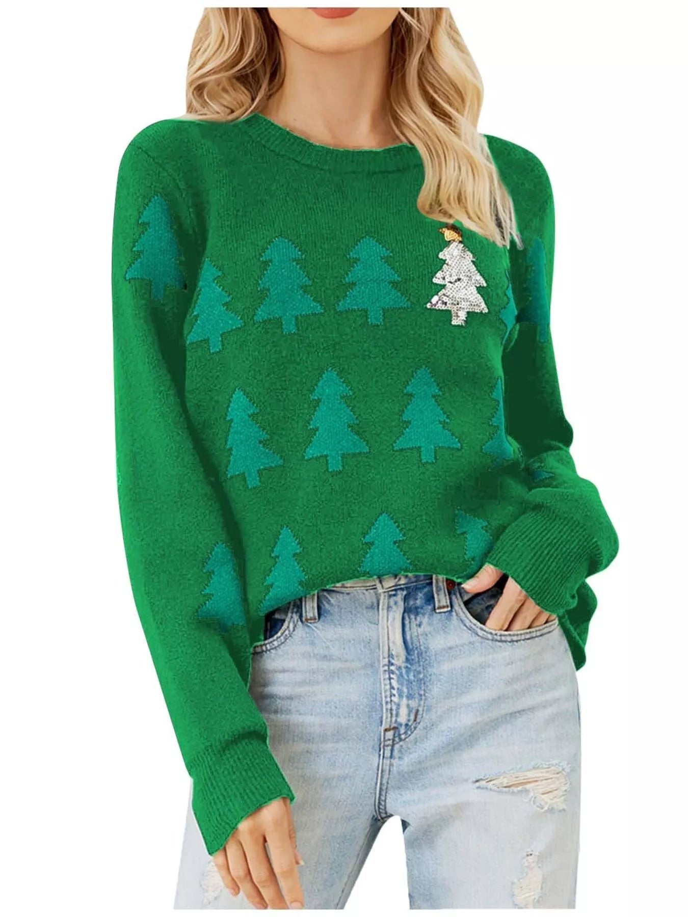 Christmas Tree Pattern Long Sleeve Sweater designed for comfort and style at Lookzlike