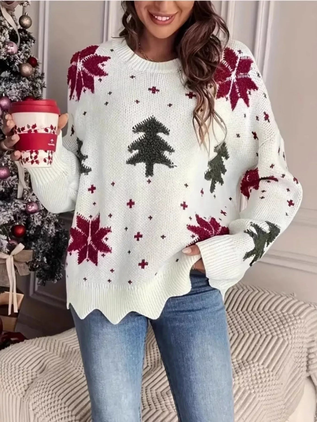 Christmas Tree Pattern Round Neck Sweater designed for comfort and style at Lookzlike