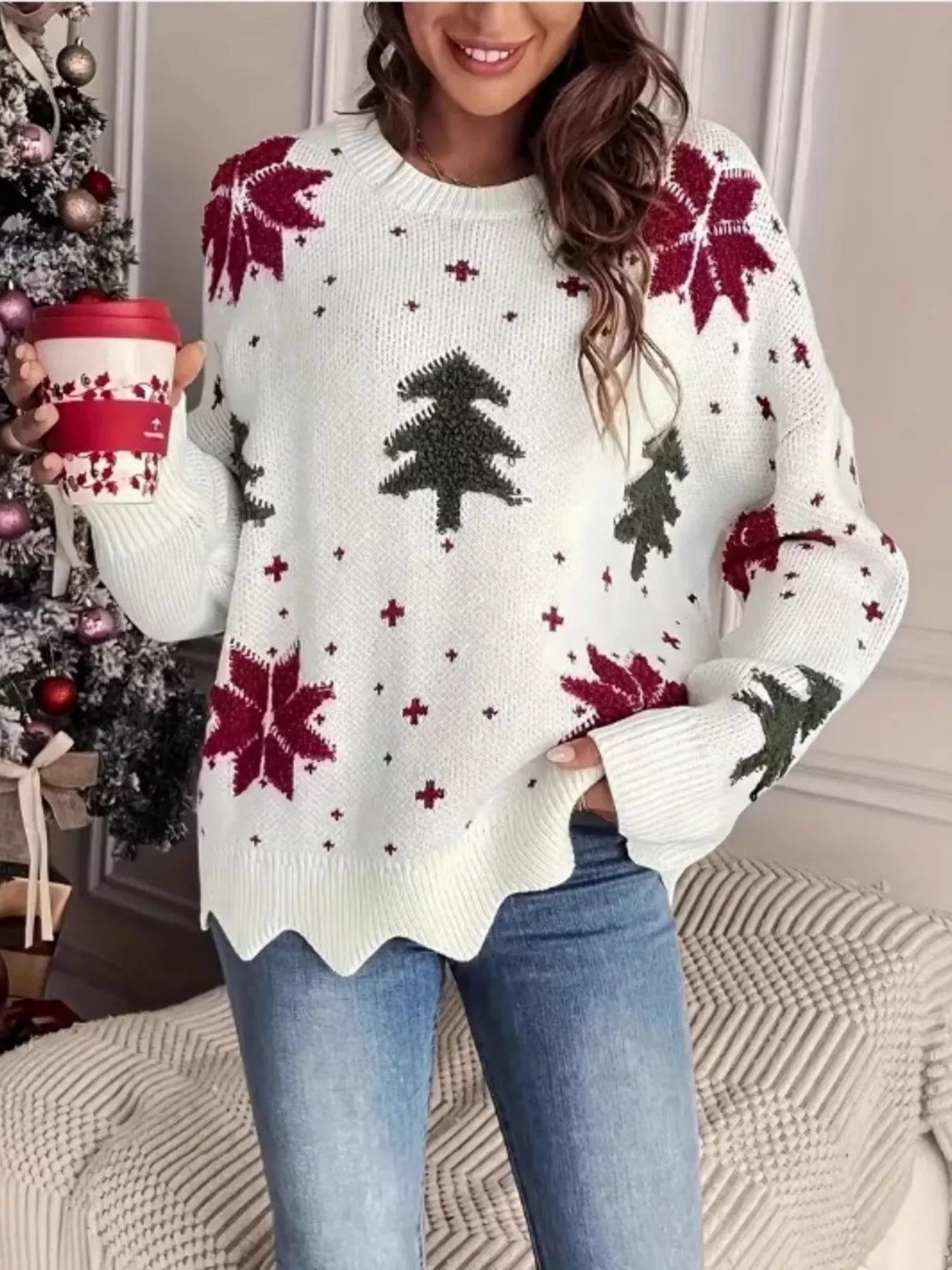 Christmas Tree Pattern Round Neck Sweater designed for comfort and style at Lookzlike