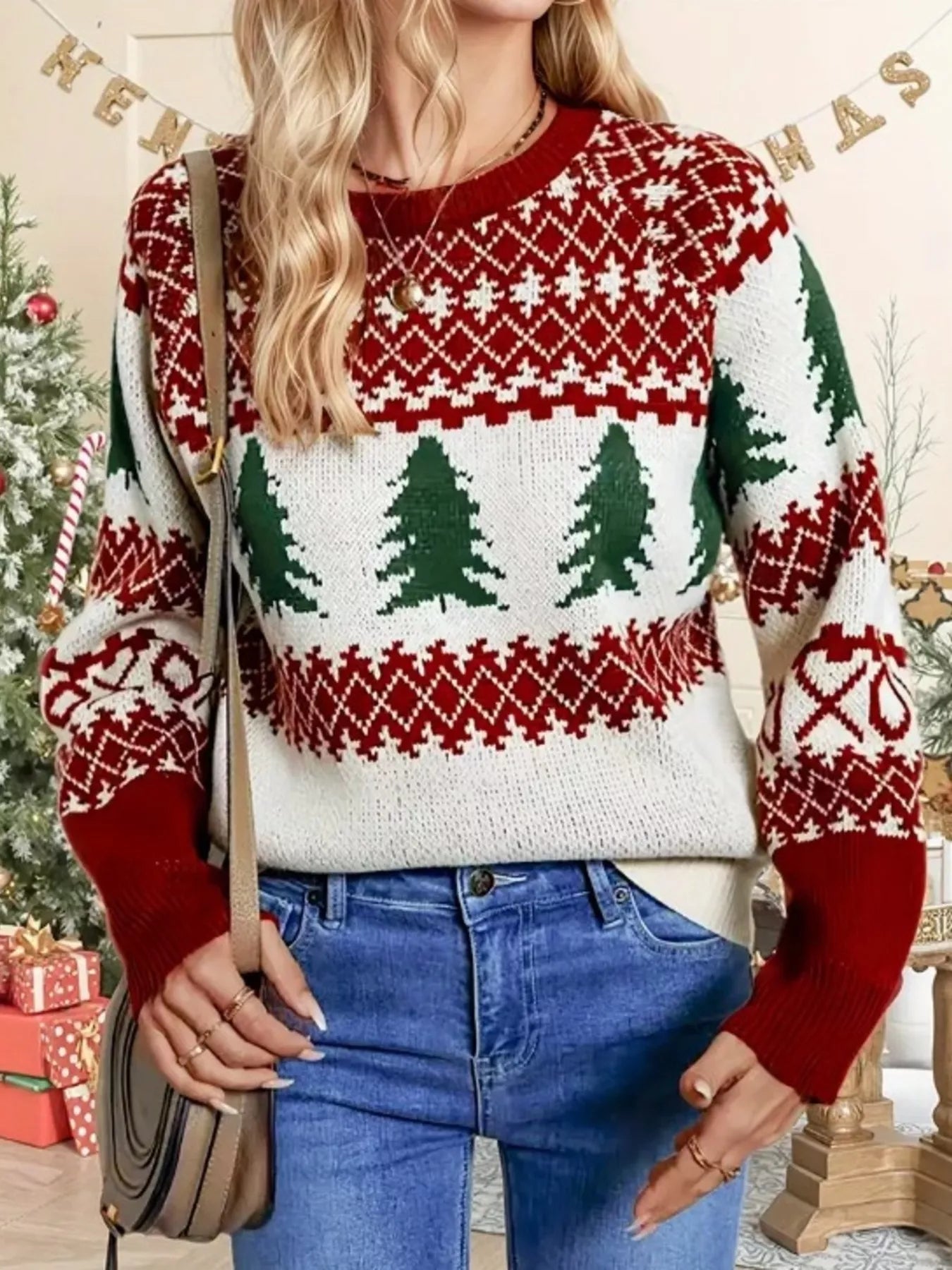 Christmas Tree Pattern Round Neck Sweater designed for comfort and style at Lookzlike
