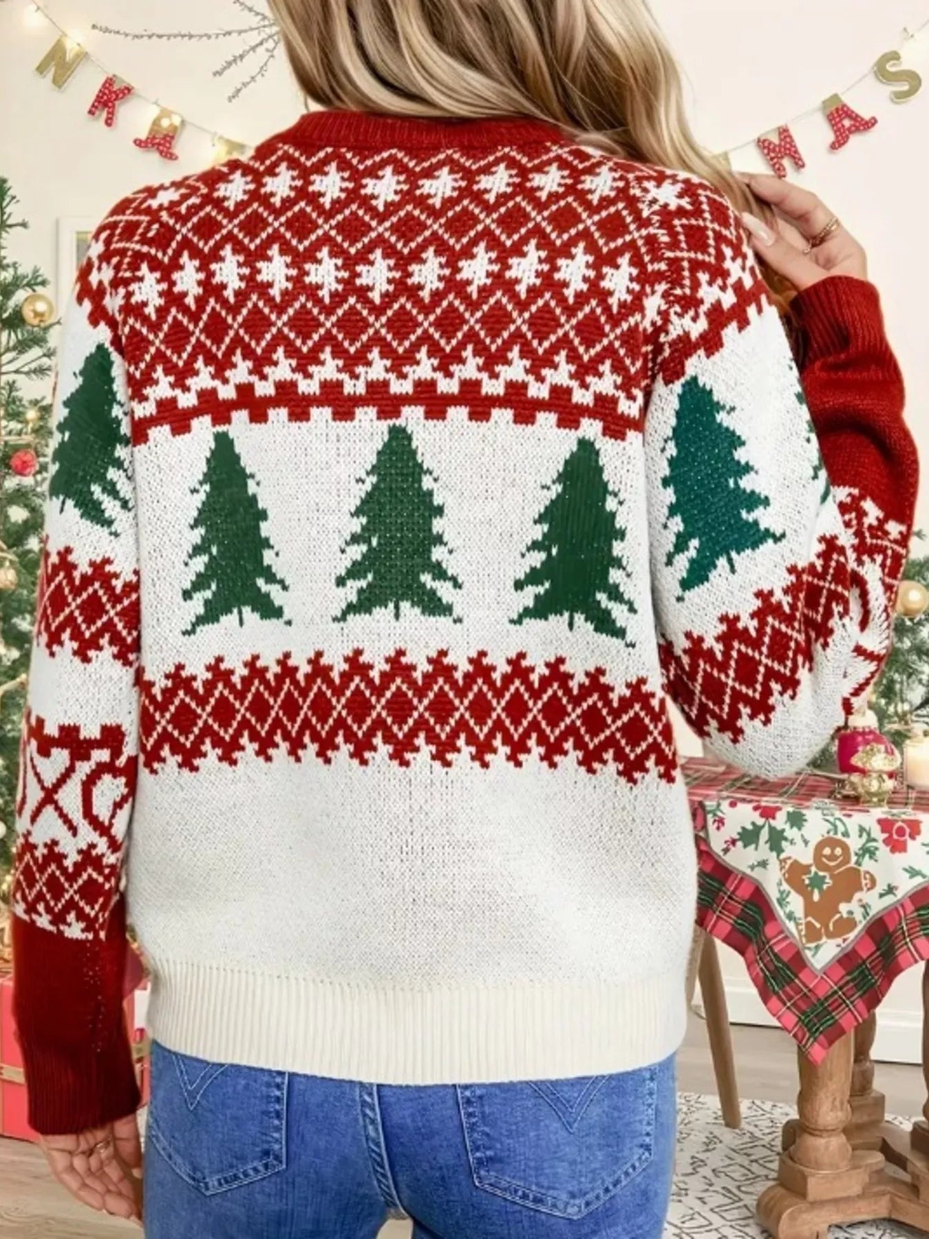 Christmas Tree Pattern Round Neck Sweater designed for comfort and style at Lookzlike