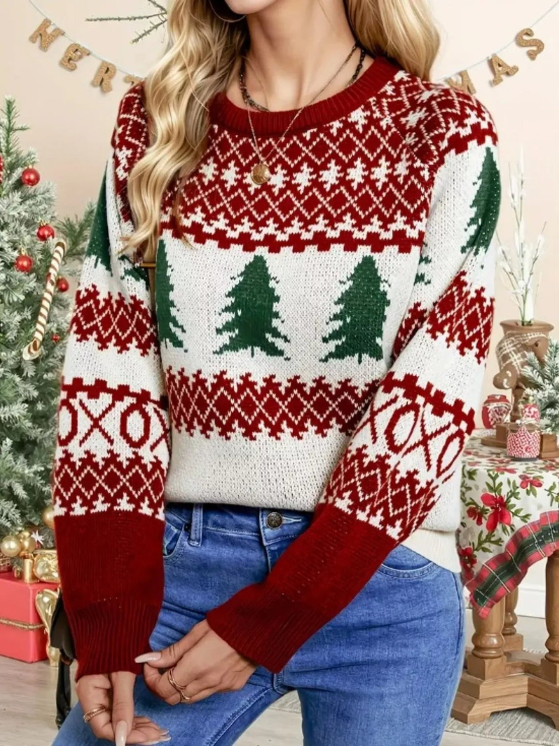 Christmas Tree Pattern Round Neck Sweater designed for comfort and style at Lookzlike